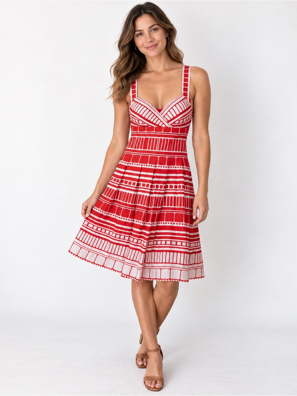Dress Barn Red White Striped Geometric Fit Flare Print Woman SunDress NWT Size 4
